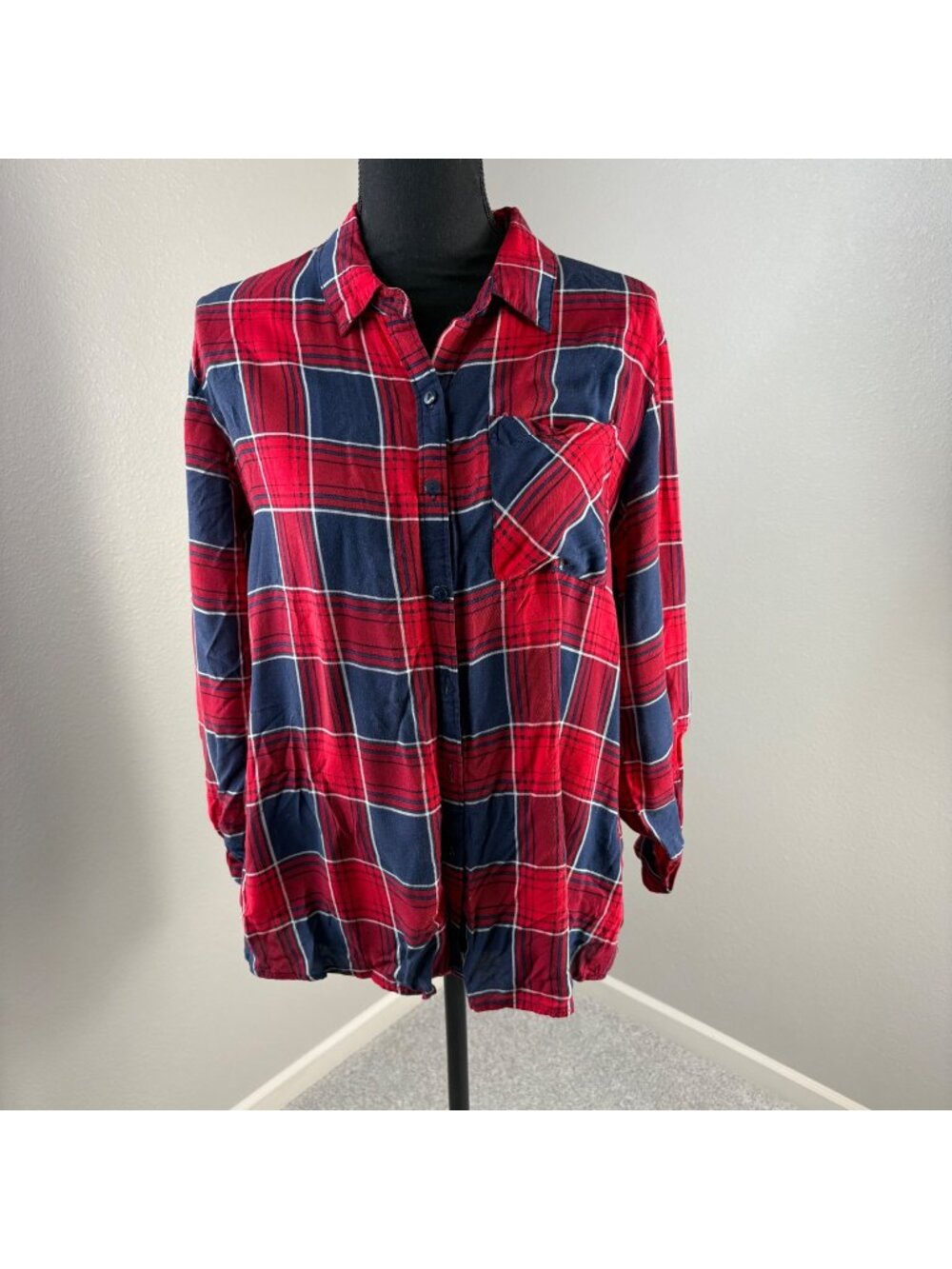 Passport Plaid Button Down Shirt Womens Large Red Blue Roll Tab Western